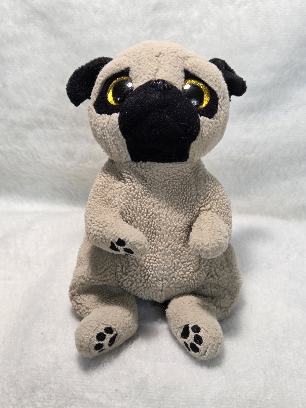 PUGSLY Ty Beanie Babies 6" Tan Pug Dog Black Muzzle Gold Eyes HEAVY WEAR